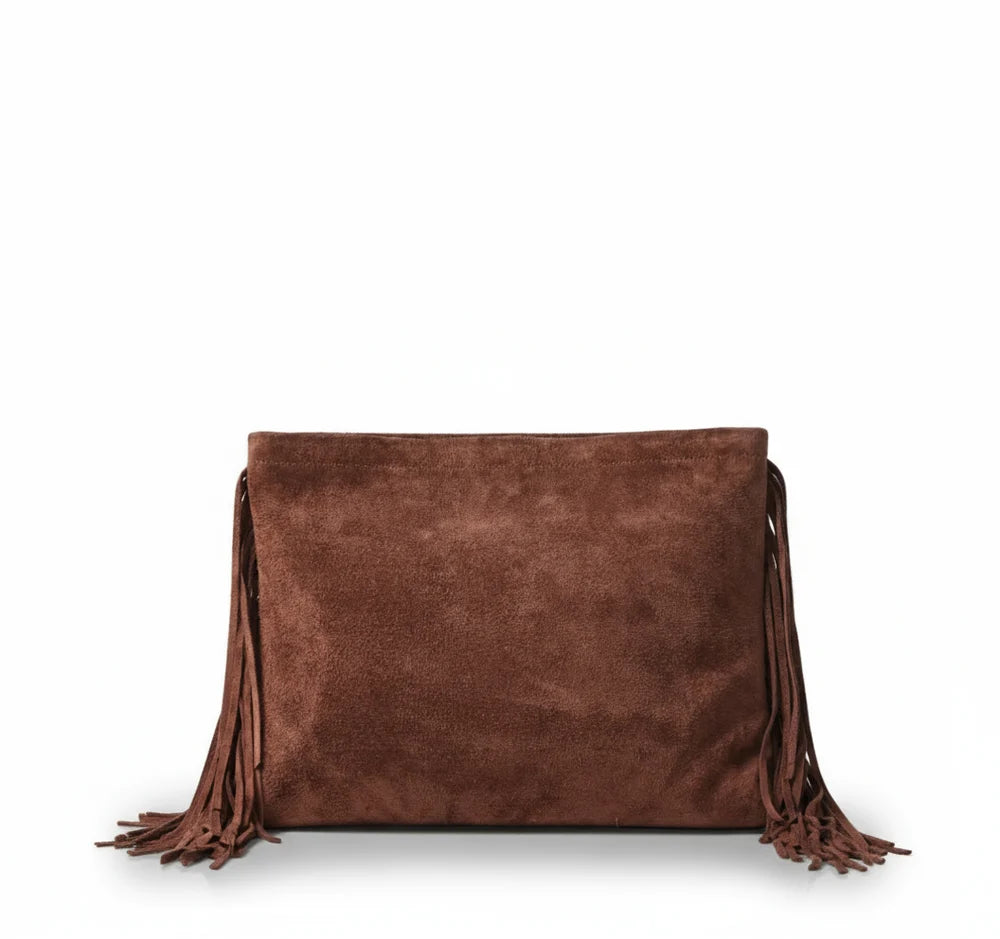 Suede Oversize Fringe Clutch & Whipstitch Strap