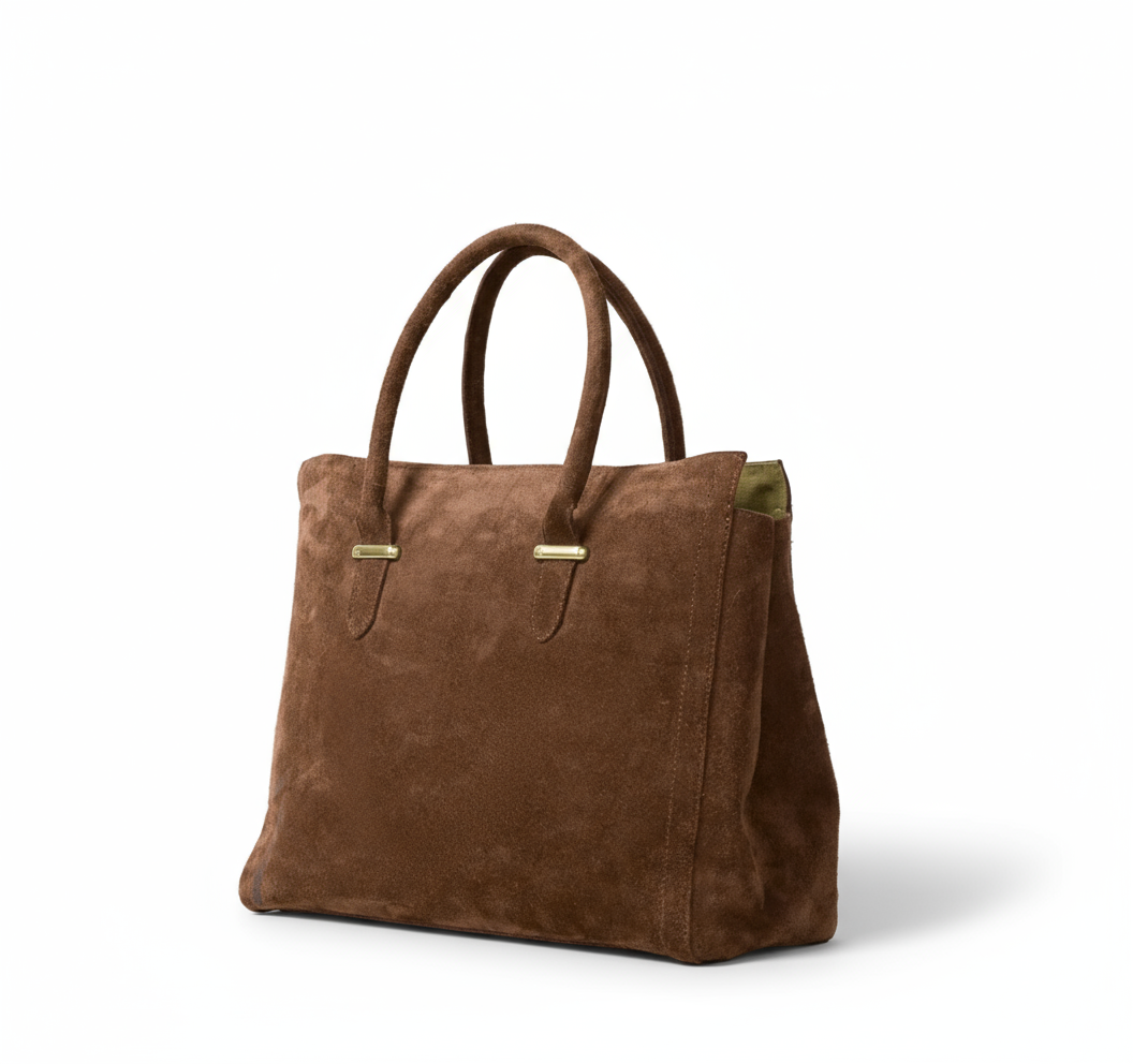 Brown suede handbag with gold hardware created from sustainable leather.