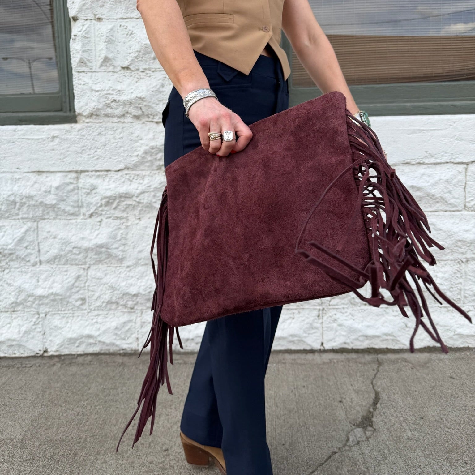 Suede Oversize Fringe Clutch