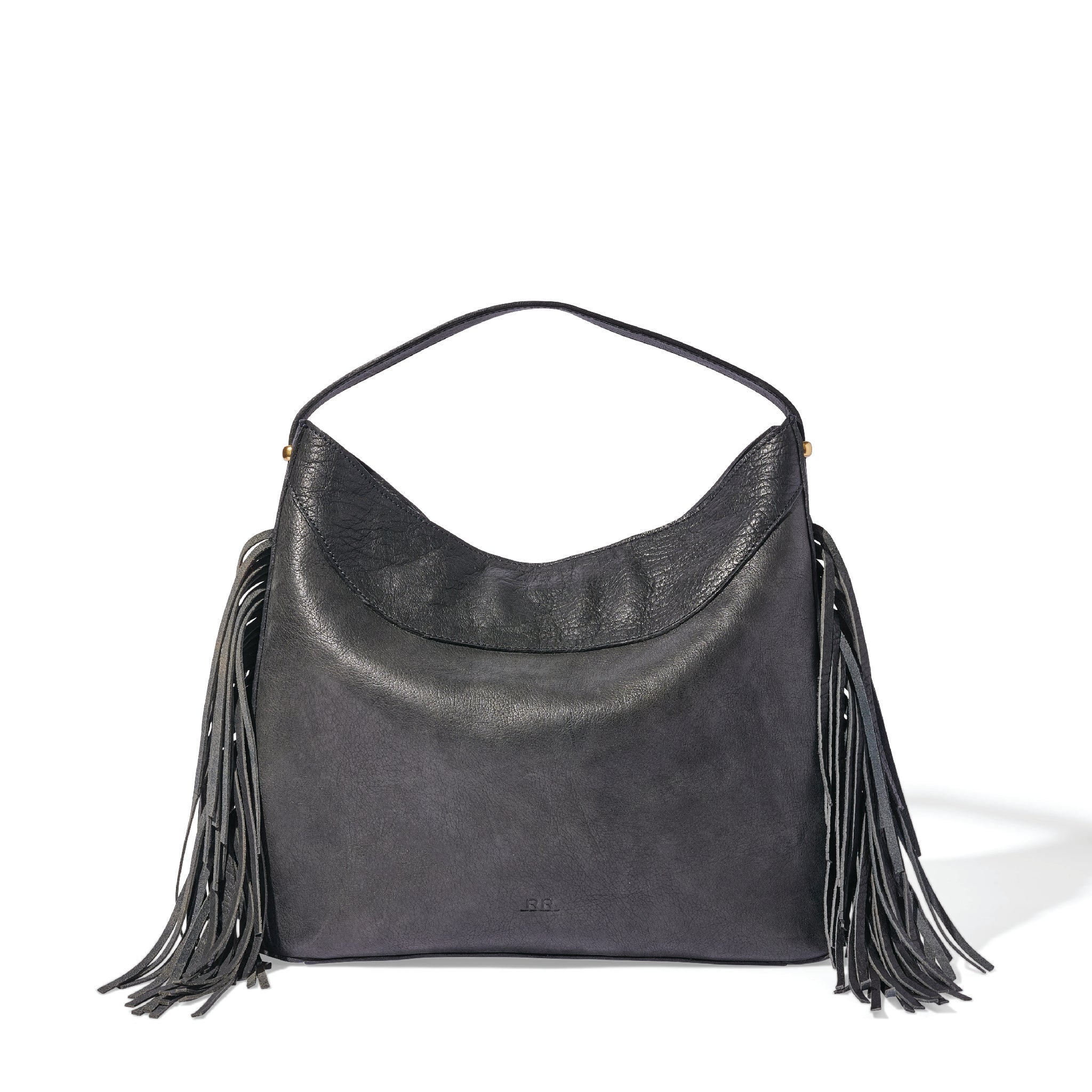 Fringe Hobo Bag in black leather with long western fringe and brass accents