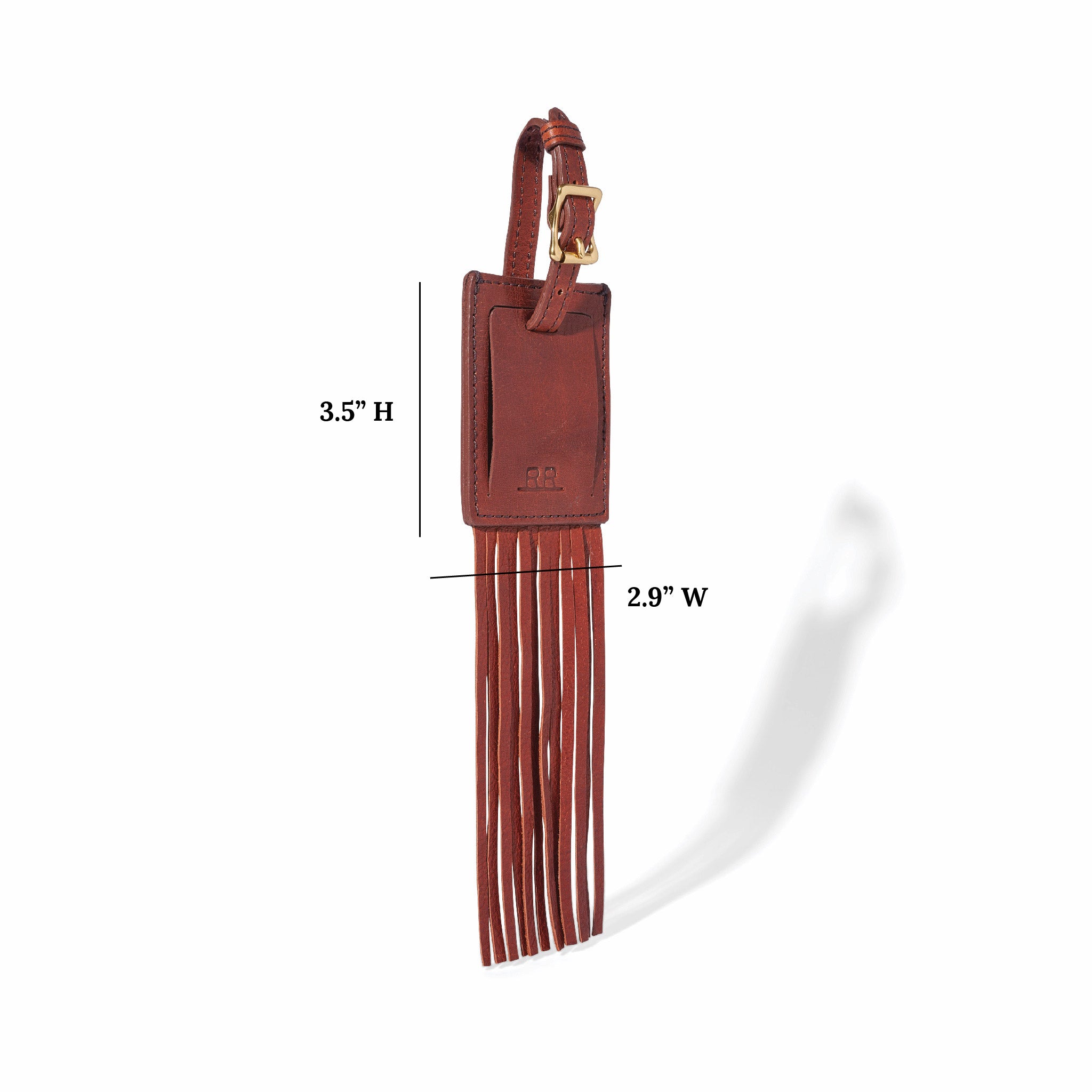 Range Revolution leather travel tag with playful fringe and secure strap