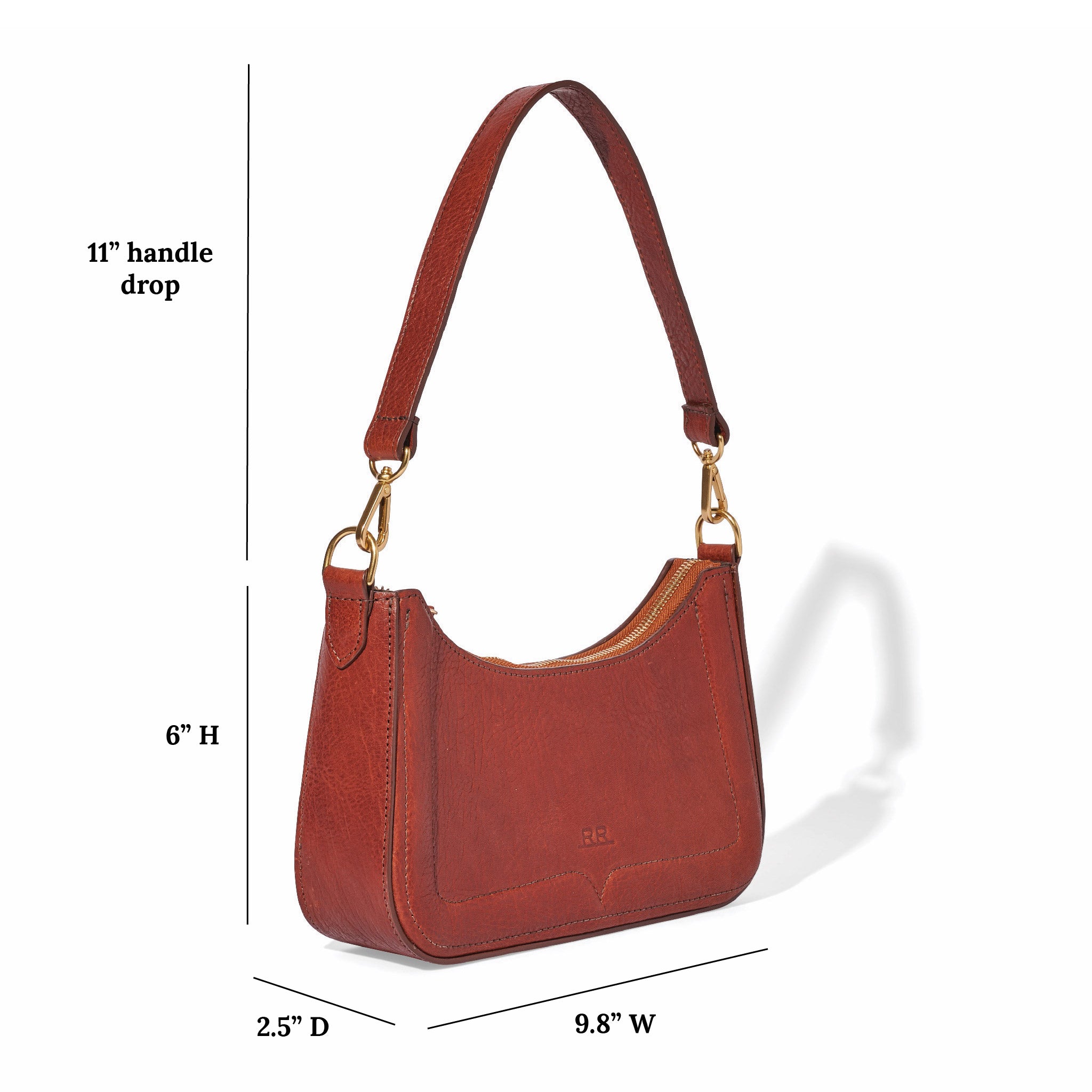 Western Baguette Shoulder Bag in Mahogany brown leather with zip closure and lining
