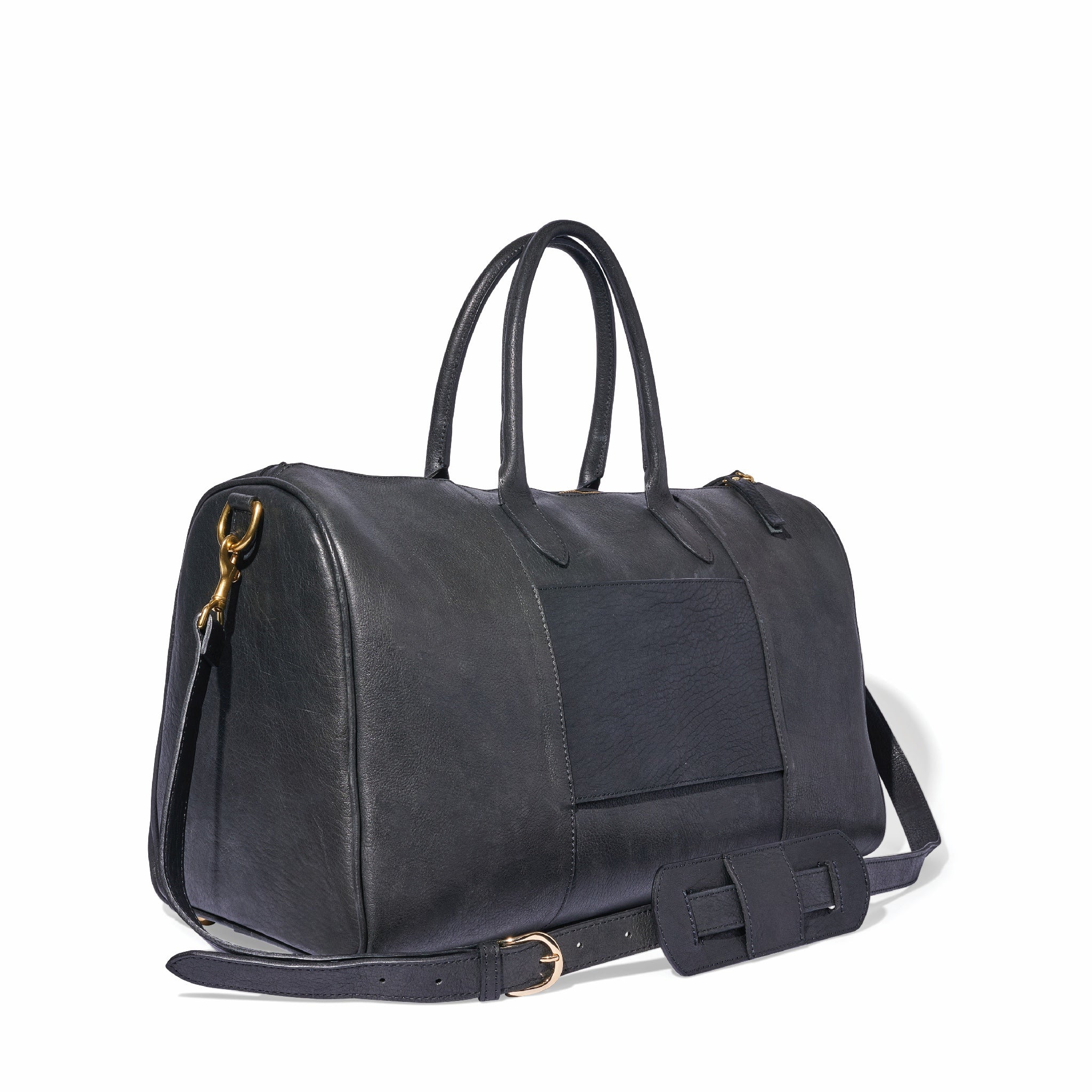 Black duffle bag in regenerative leather, sized for airline carry-on use