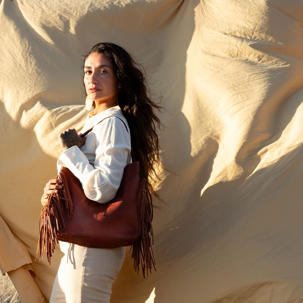 Fringe Hobo Bag in brown leather with long western fringe and brass accents