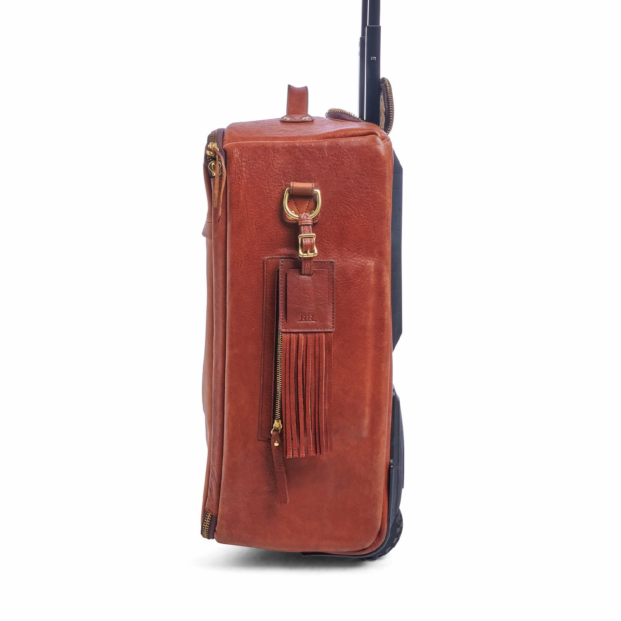 Fringe Luggage Tag shown in black with privacy sleeve and durable finish