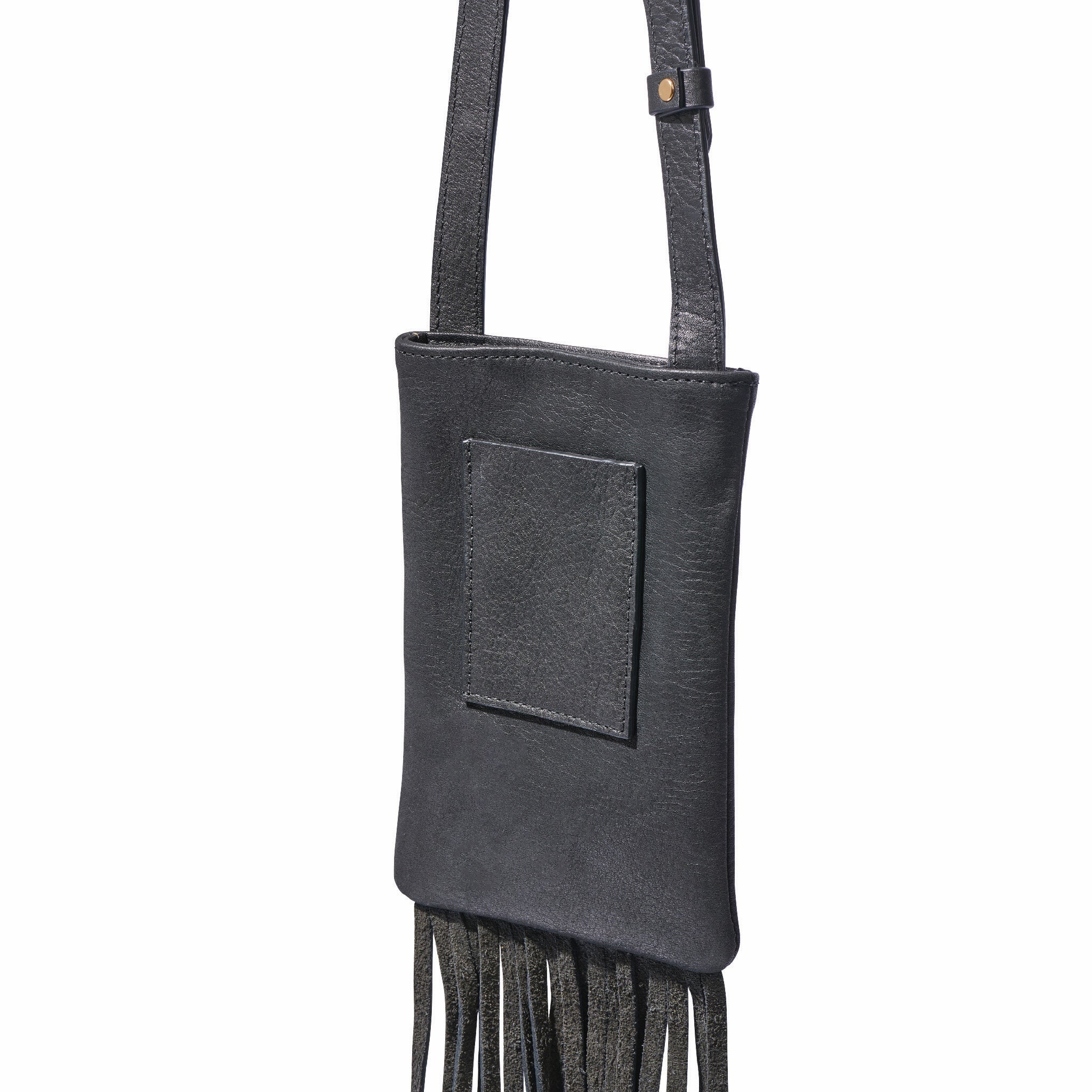 Compact black leather crossbody with fringe and adjustable shoulder strap