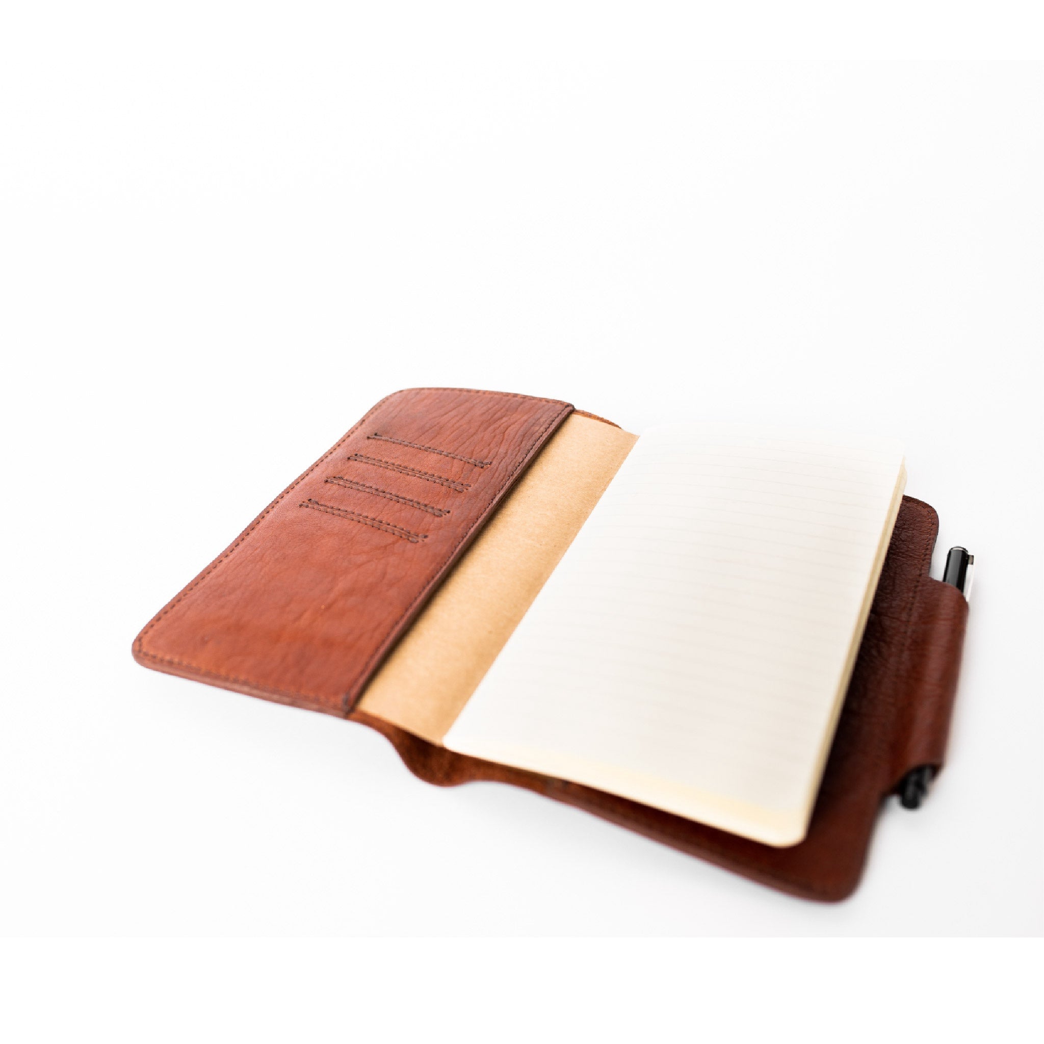 Leather journal cover in Mahogany brown with pen holder and internal card slots