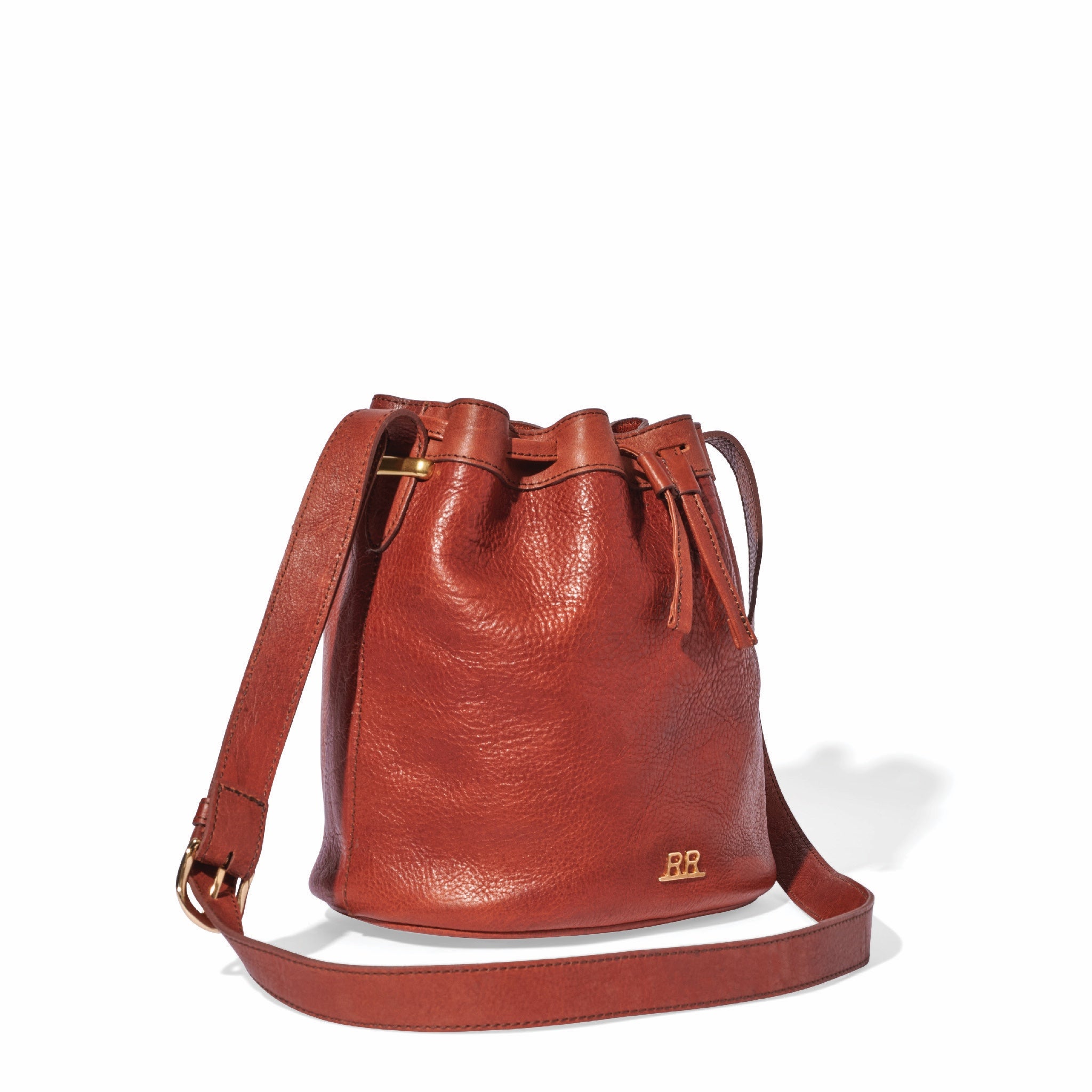 Large leather bucket bag with drawstring closure and adjustable shoulder strap