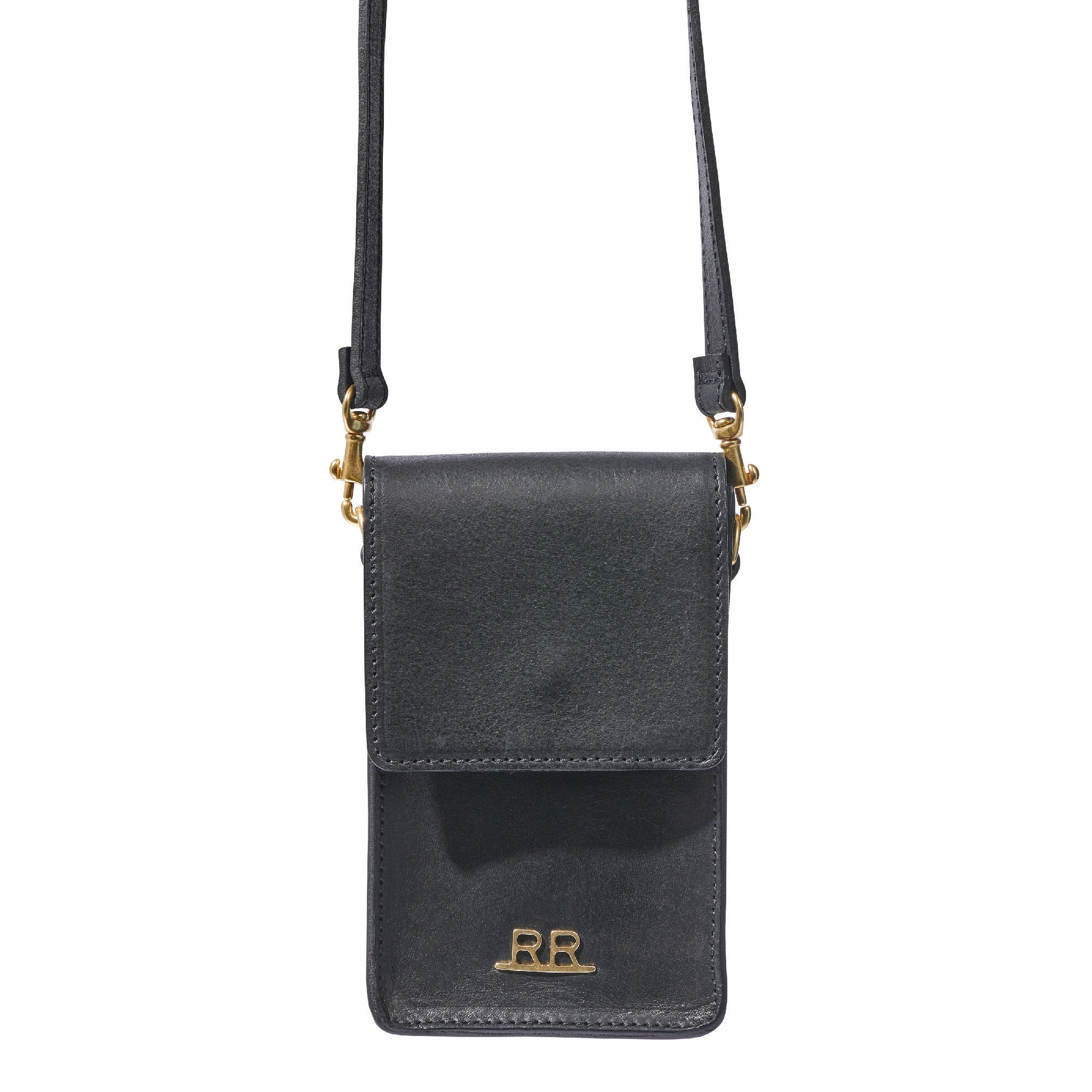 Regenerative leather phone bag with card slots and secure flap closure