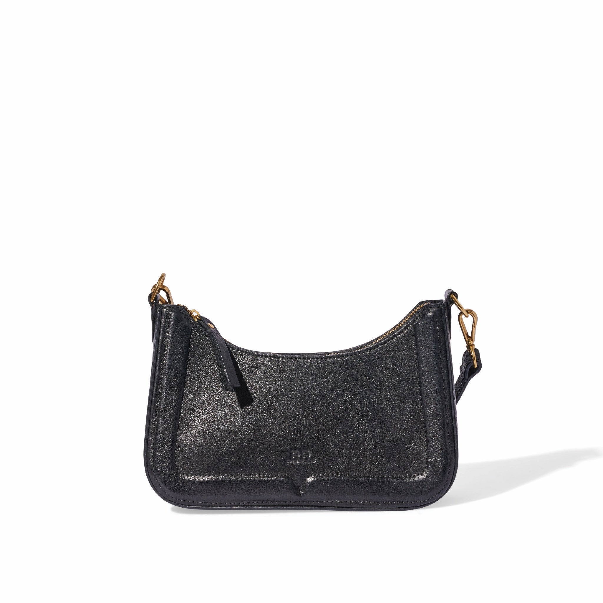 Black leather shoulder bag with western detail, compact shape, and brass accents