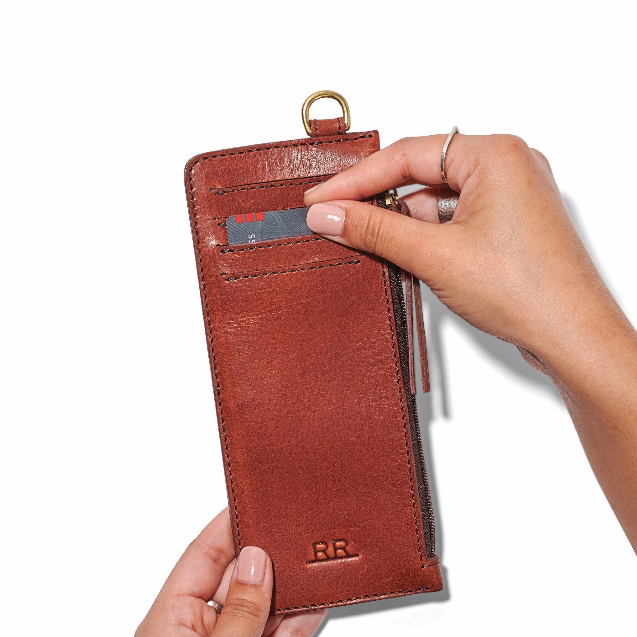 Mahogany brown leather wallet with sleek profile and D-ring for easy attachment