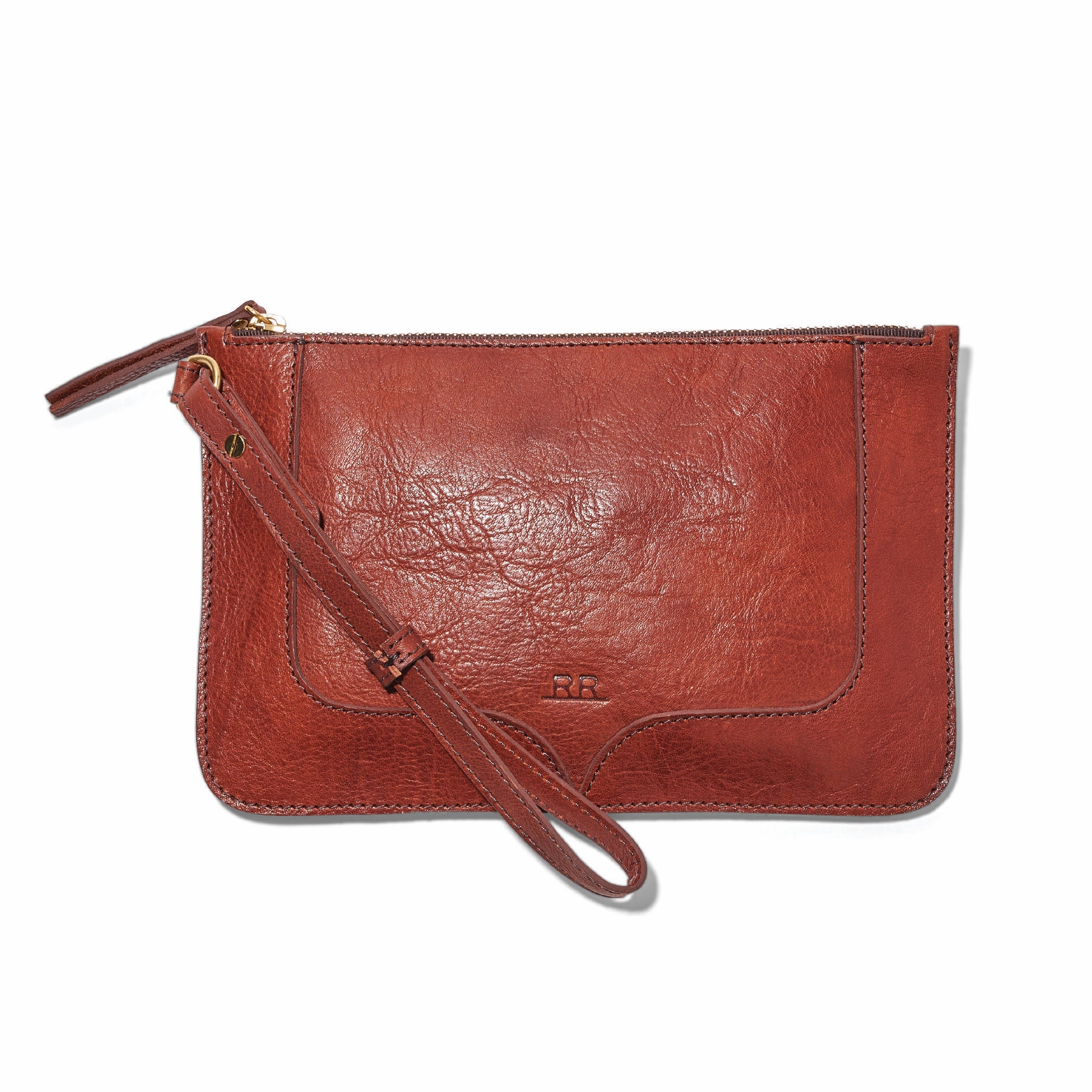 Compact leather pouch shown with phone, wallet, and keys inside