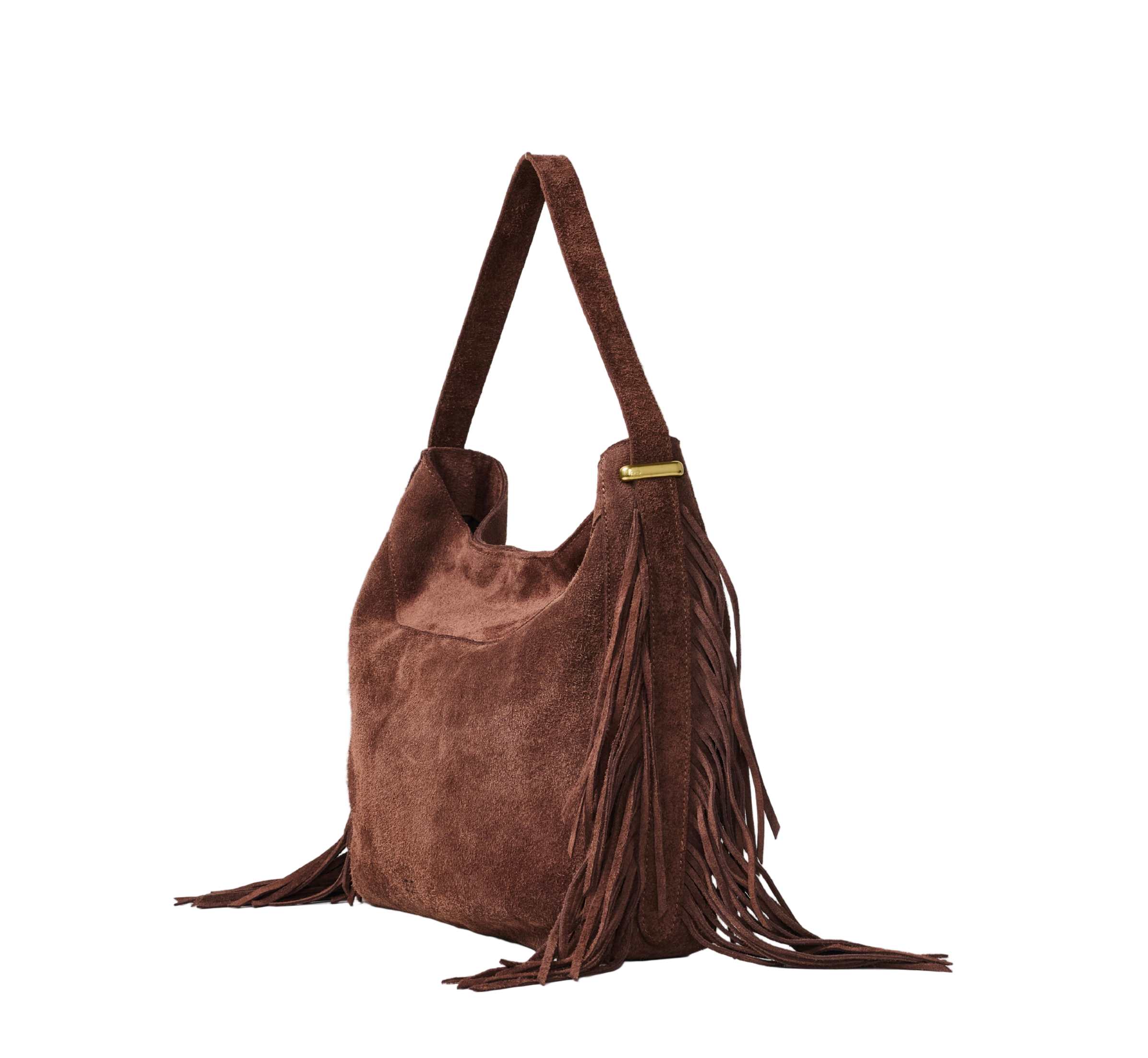 Brown suede hobo handbag with fringe from Range Revolution. Responsibly sourced leather. 