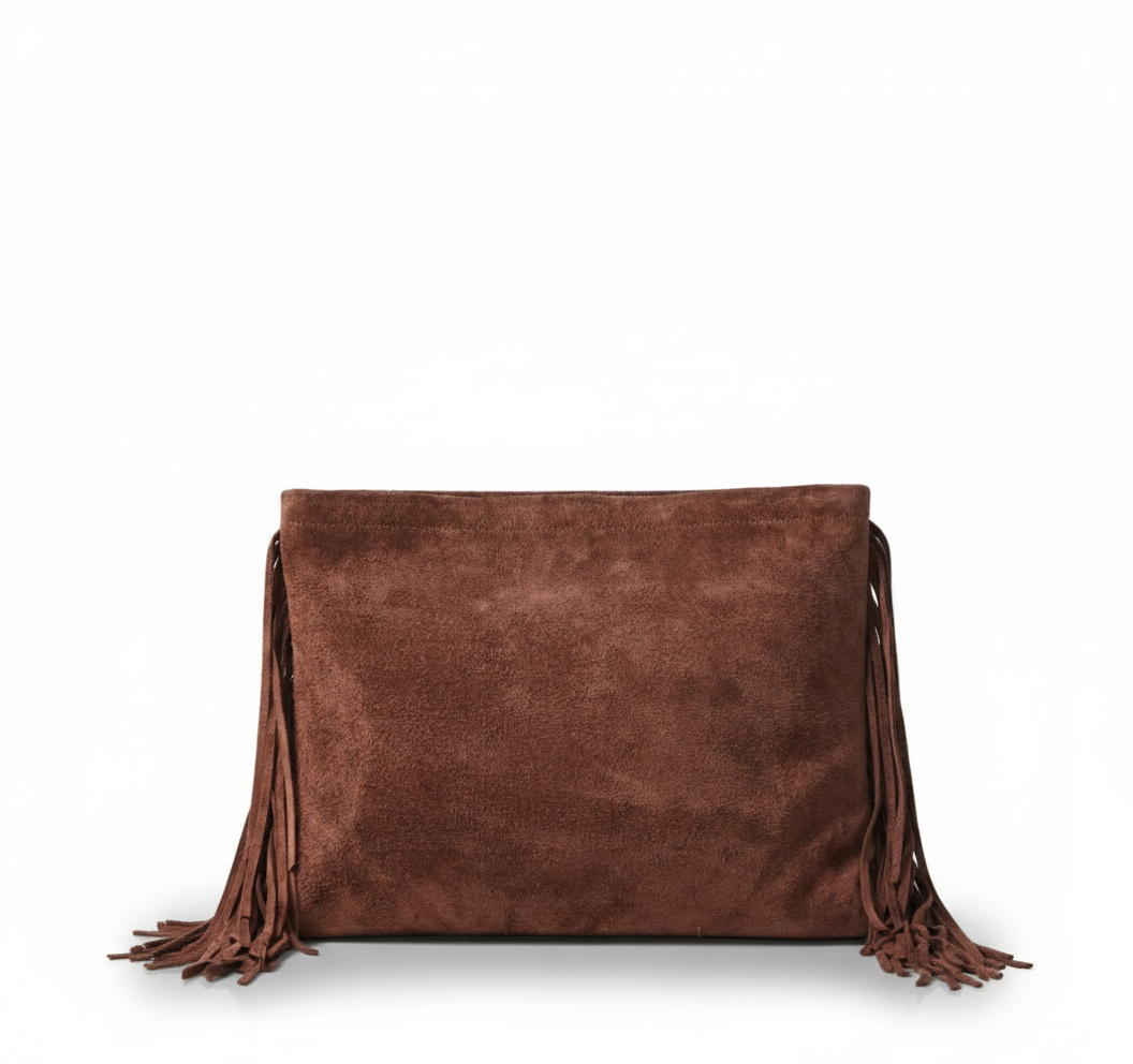 Brown suede handbag with fringe. Oversized clutch bag made from sustainably sourced leather. 