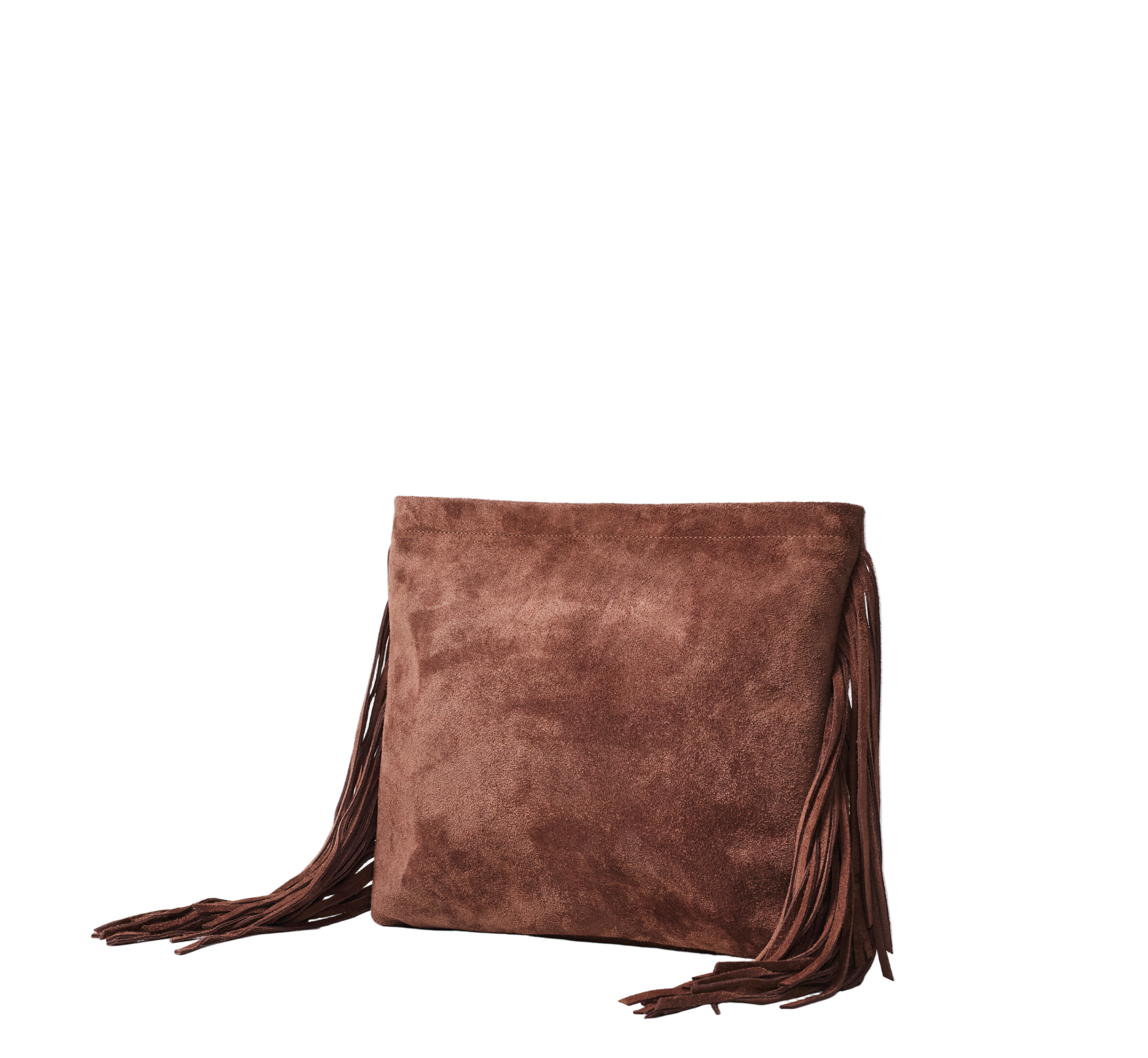 Brown suede handbag with fringe. Oversized clutch bag made from sustainably sourced leather. 