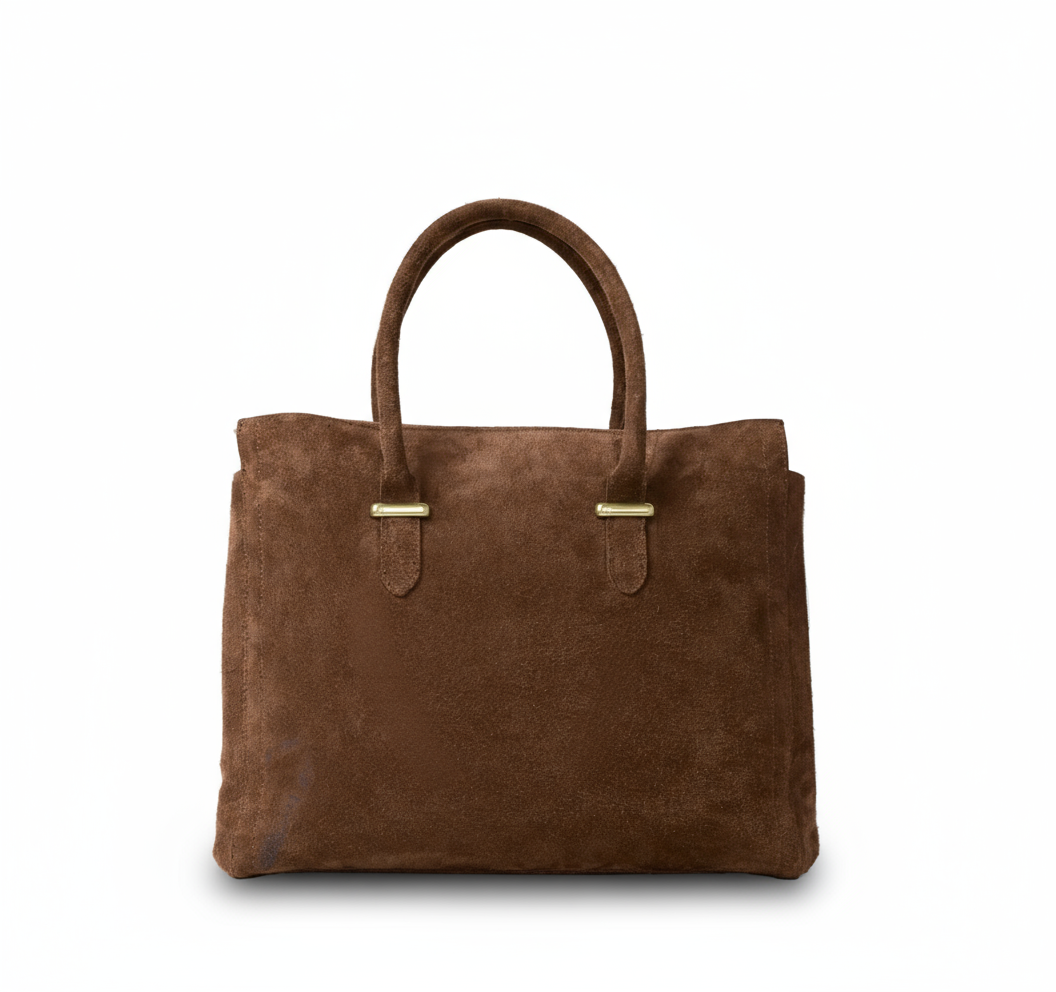 Brown suede handbag with gold hardware created from sustainable leather. 