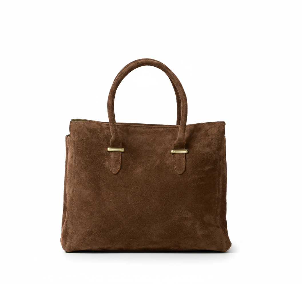 Brown suede handbag with gold hardware created from sustainable leather. 