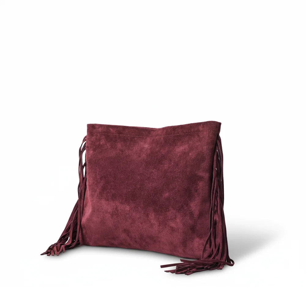 Suede Oversize Fringe Clutch & Whipstitch Strap